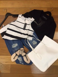 Distressed denim jeans w/ striped tank and sandals for casual day wear. (Decjuba/Wittner in the Canberra Centre)